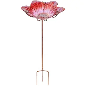 Bird Baths for Outdoors Glass Bird Bath Bowl Outdoor Bird Feeder Flower  with Metal Stake for Garden, Yard and Lawn Decor (Red)