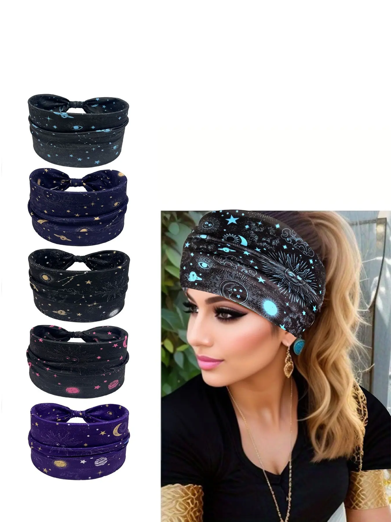 5pcs Boho Yoga Sports Headbands, Workout Headband, Elastic Non-Slip Wide Design Sweat-Wicking Cross-Over Hair Bands for Women, Suitable for All Seasons