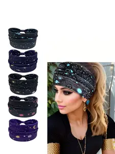 5pcs Boho Yoga Sports Headbands, Elastic Non-Slip Wide Design Sweat-Wicking Cross-Over Hair Bands for Women, Suitable for All Seasons