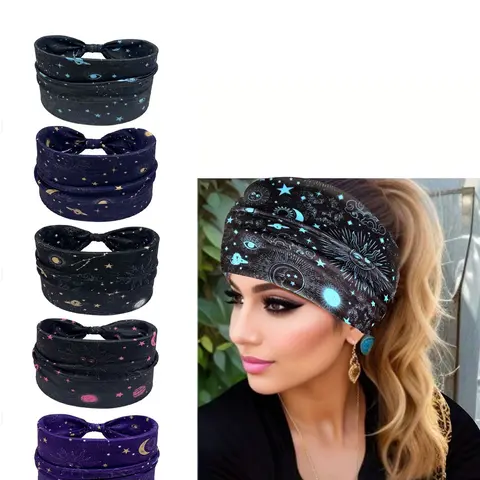 5pcs Boho Yoga Sports Headbands, Elastic Non-Slip Wide Sweat-Wicking Cross-Over Hair Bands for Women, Suitable for All Seasons