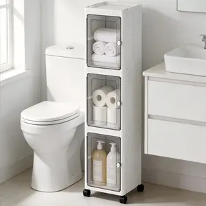 3-Tier Narrow Storage Cabinet Slim Bathroom Storage Cabinet with Movable Wheels Tall Bathroom Organizer Skinny Cabinet for Small Spaces，White