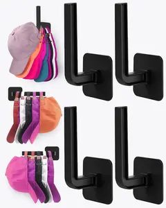 Hat Rack for Storage 4-Pack Multi-Purpose Wall Mountable with two mounting options hook, Strong Adhesive Hooks L-shaped Hat organizer, Black