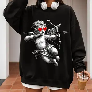 Women's Halftone Cupid Fitted Cotton Fabric Casual Sweatshirt, Unisex Preppy Trendy Valentine's Day Gift