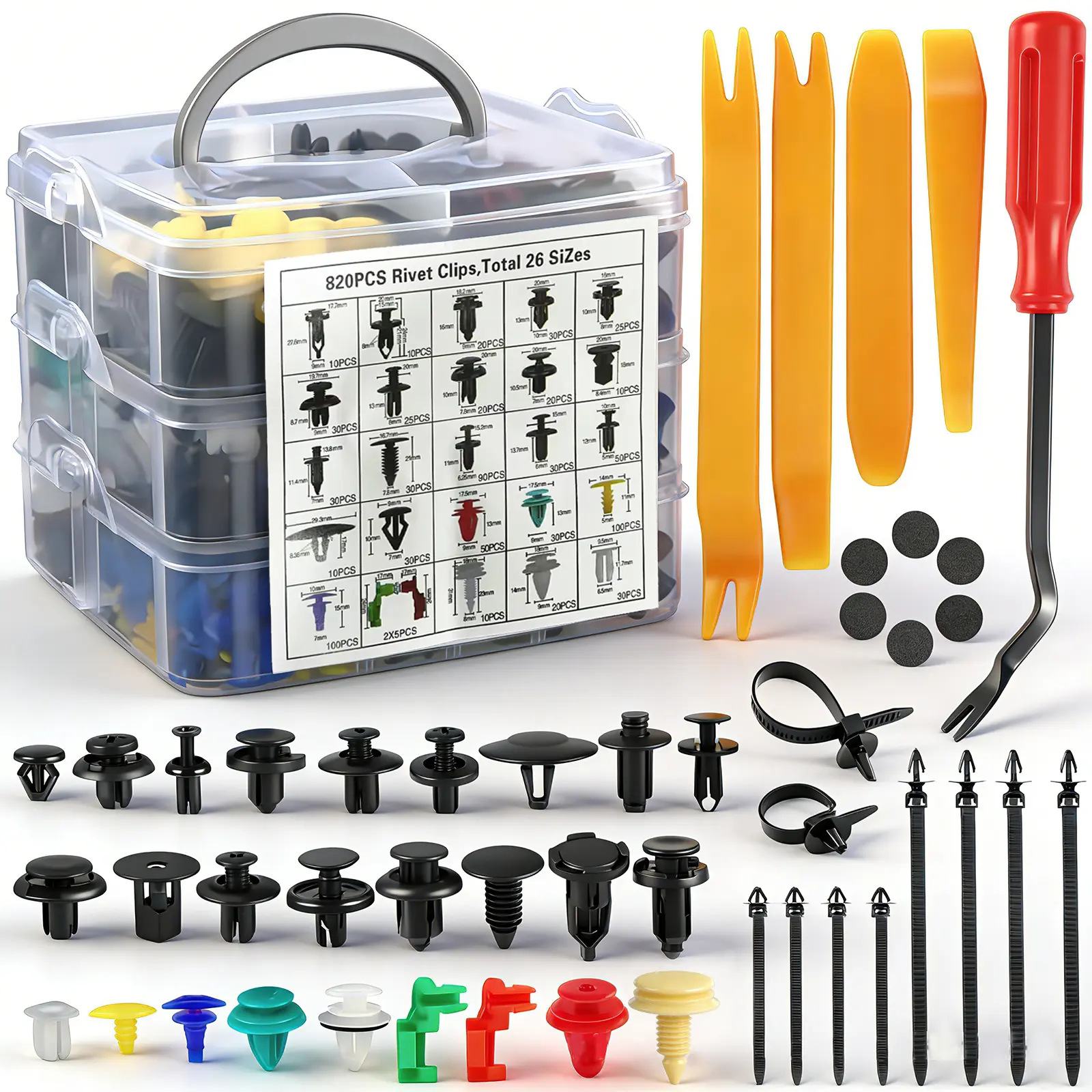 925pcs Rust-Proof Plastic-Metal Car Bumper Retainer Clips & Tools Multi-Size Pack - Zip Ties, Fastener Remover, 26-Size Auto Push Pin Rivets, Tailgate Handle Rod Clip for Cars/Trucks/SUVs Auto Repair