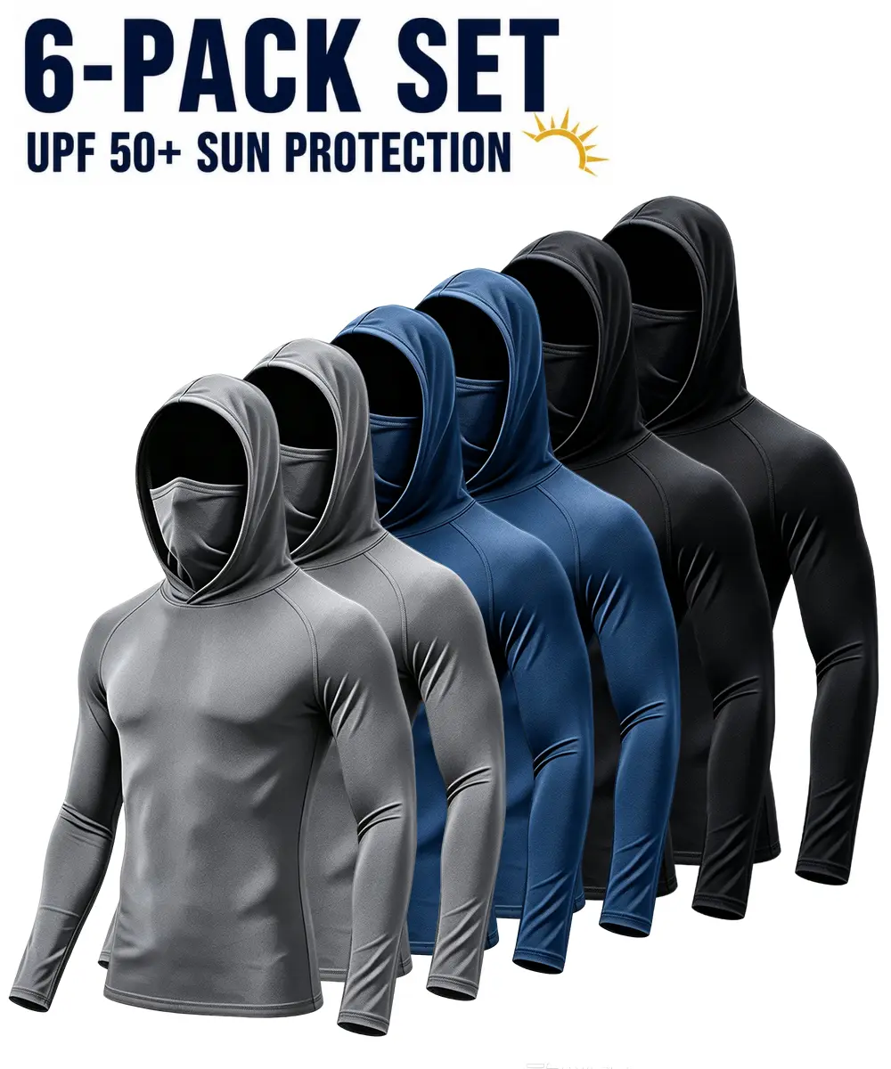Men's 6/3-Piece Polyester Clothes Hike-to-Lounge Sun Blocking Set - Long Sleeve Tee, Solid Stretch Work Shirt, Built-In Face Mask & Neck Guard, Breathable Hoodie, Worksite Tough, Transitions From Jobsite to Trail
