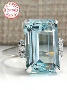 S925 Sterling Silver Luxury Square Shaped Artificial Gemstone Aquamarine Ring, Fashion Jewelry for Party, Daily Decor, Trendy All-match & Exquisite Jewelry for Birthday Gift