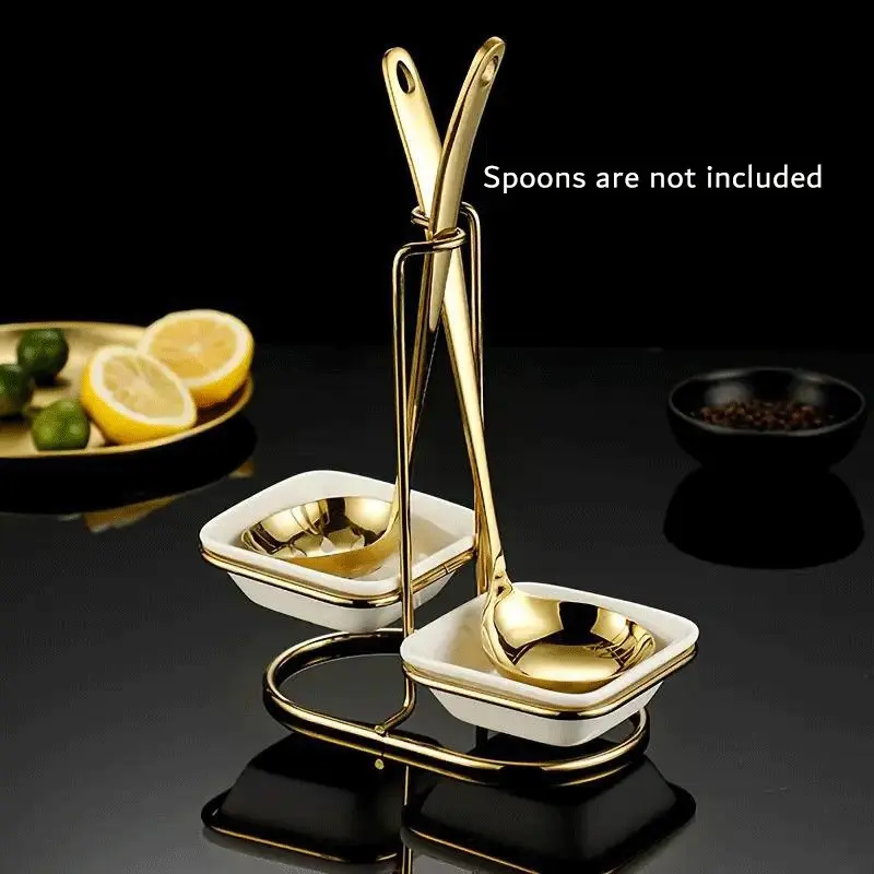 Golden-Tone Stainless Steel & Ceramic Spoon and Chopstick Holder - Open Storage Design with 2 Square Dishes & Tone Rack Stand for Kitchen Organization, Dinnerware, Banquet, Buffet, Dining Table Decor | Modern Home Kitchenware, Spoon Holder
