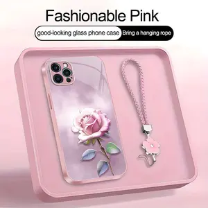 Suitable for [iPhone 12 Pro Max] high-end women's phone case🤩，a beautiful four-leaf clover lanyard is included🍀，various pink rose patterns, exquisite and high-end YM99