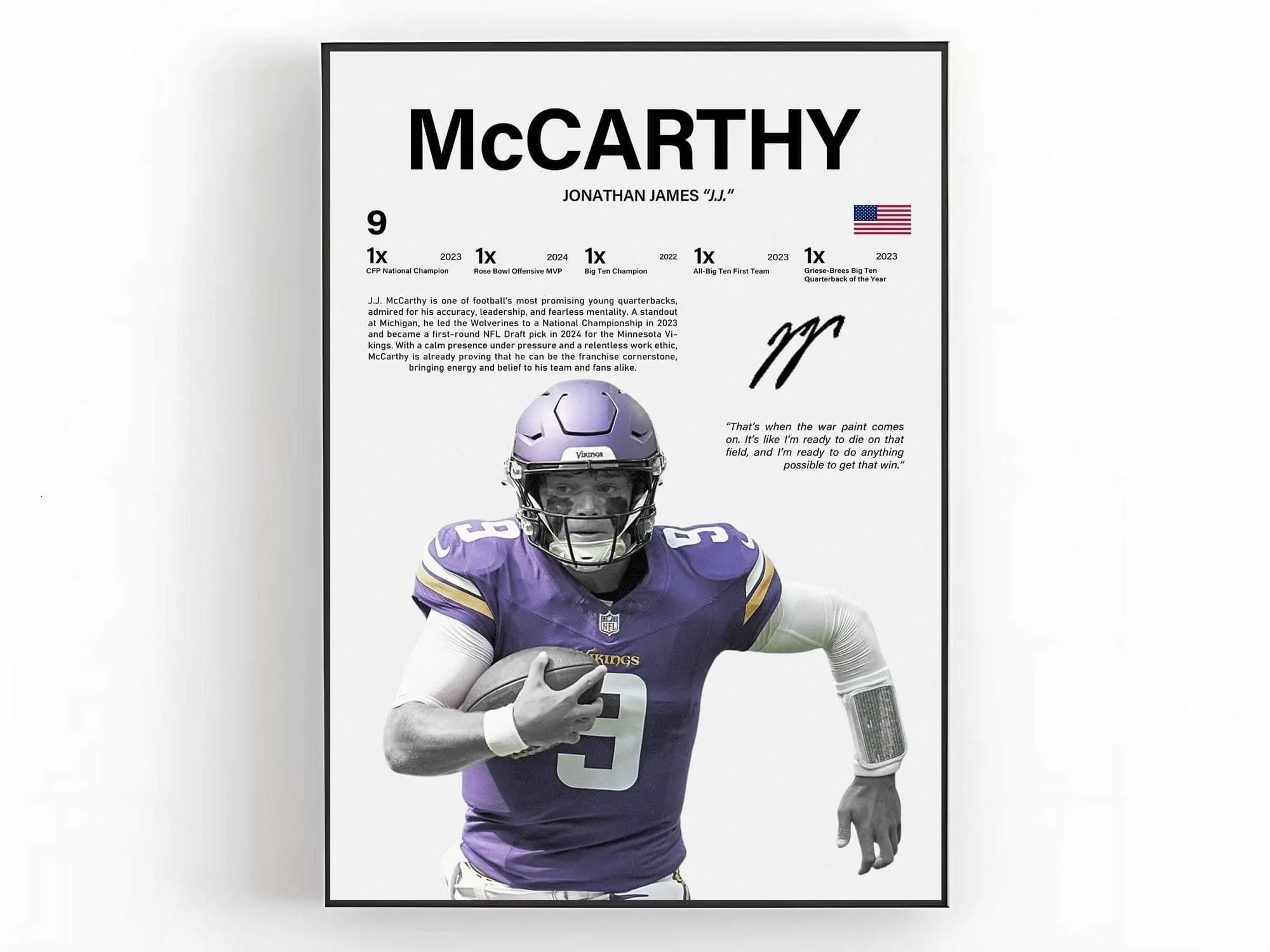 JJ McCarthy Poster Wall Art American Football Print Sports Room Decor Fan Gift( Unframed - Print Only )