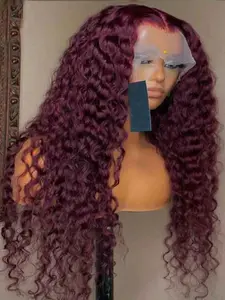99j 26 Inch Burgundy Synthetic Wine Kinky Curly Wig 180% Density with 13x4x1 Lace Front Natural Hairline for Women, Everyday Wear Doll Hair Lace Frontal Wig Deep Curly Wig