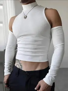 Autumn New European and American Men's High Neck Blouse, Shoulder Exposure Hollow Out Long Sleeve T-Shirt, Fashionable Innerwear Top, Menswear