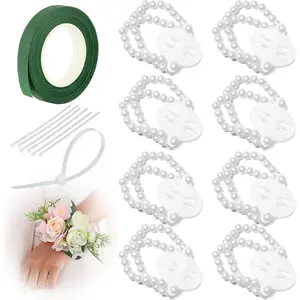 Corsage Wristlet Band 8Pcs Wrist Corsage Bracelets,Pearl Stretch Elastic Wristlets for Wedding Prom Wrist Corsage Supplies