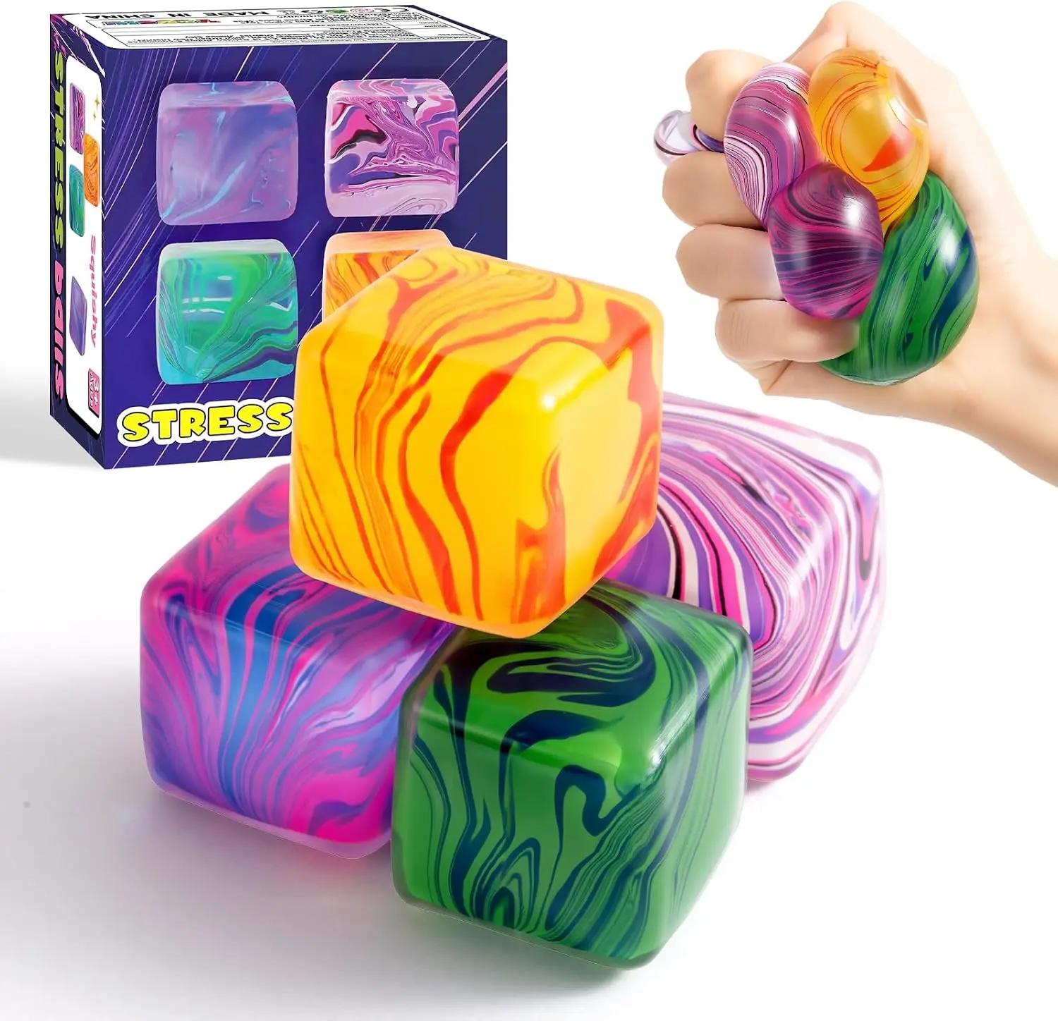 4 Pack Squishy Fidget Toys Stress Cube Bulk, Squishies Slow Rising Stress Balls for Adults Kids, Sensory Fidget Toys for Anxiety Relief, Small Squishy Toys for Classroom Prizes Party Favors