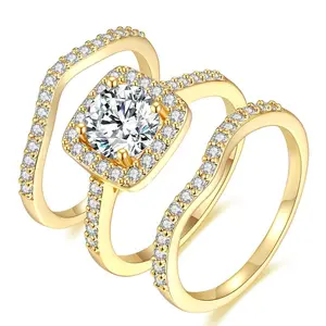 Women’s 3-in-1 Wedding Ring Set R-0969: 1.5 CT Round-Cut Classic Halo – Engagement & Promise & Eternity
