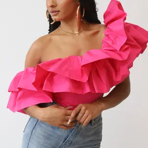 Dramatic Ruffle One Shoulder Top (Pink)