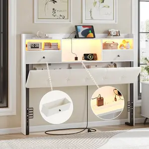 [SummerVibes] Vabches Headboard Queen Size with Storage, Queen Headboard Only with 2 Drawers, Charging Station and LED Lights, Upholstered Headboards Easy Assembly