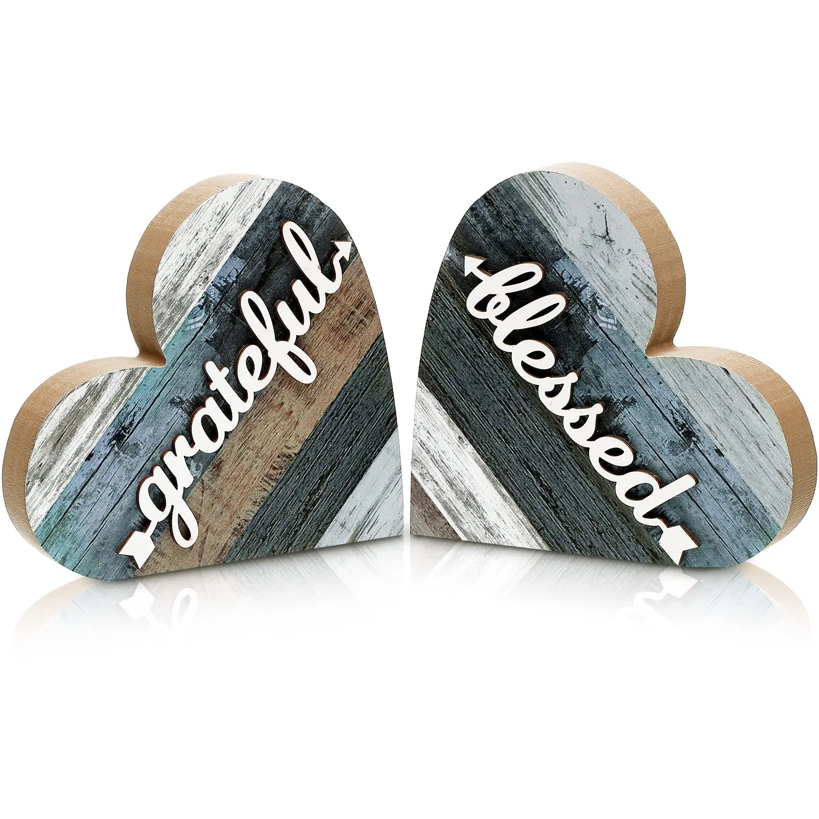 2PCS Rustic Table Decorations for Living Room Home Farmhouse Table Centerpieces Small Love Wooden Heart Decor for Dining Room Shelf Housewarming Gifts New House Decoration (Grateful Style)