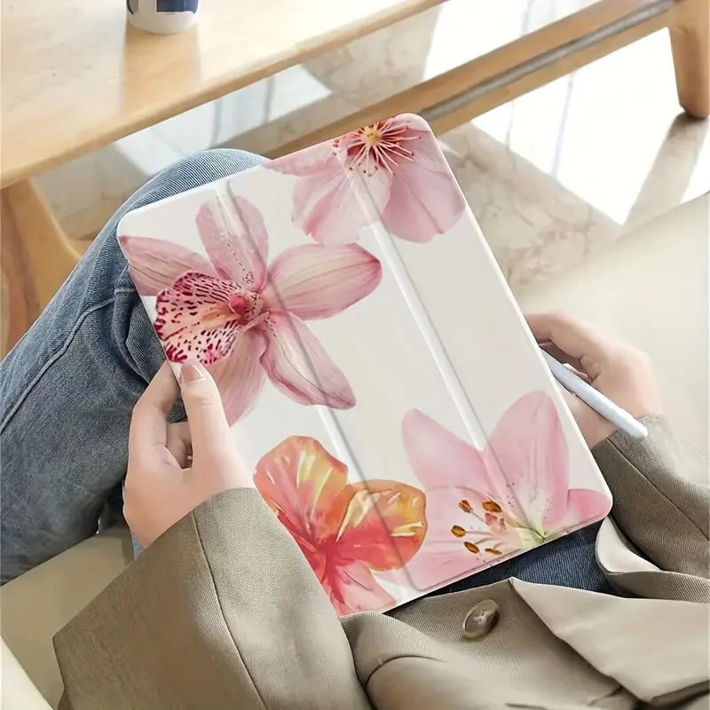 Pink Lily Foldable Flip Stand Pen Holder Anti-drop Protective Case, foldable, non-slip, adjustable stand and flexible hybrid protection, suitable for iPad mini, iPad Air, iPad Pro iPad 10th generation, 11th generation and other series of tablet cases
