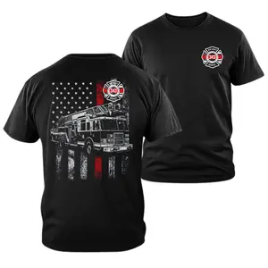 Fire Truck Shirt, Firefighter American Flag T Shirt, Thin Red Line Fire Dept Tee, Ladder Truck Graphic Tee, Patriotic First Responder Shirt, Front Chest 343 Fire Dept Badge Logo, Soft Cotton Blend Unisex Shirt, Gift for Firefighters