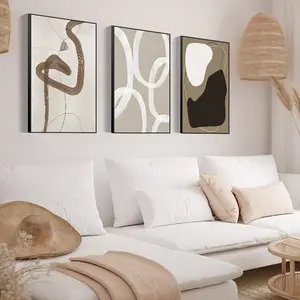 Wall Art Framed Canvas Print Set Paint Strokes Abstract Shapes Illustrations Minimalism Bohemian Black White Grey Modern Style Art Decor 24 "X 36" X 3 Panels Aesthetic Living Room Bedroom Office