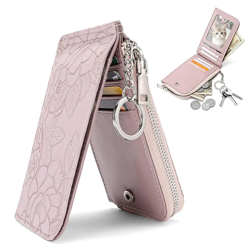 Small Credit Card Holder Wallet for Women RFID Leather Slim Wristlet Keychain Wallets With Zipper Pocket