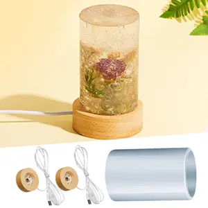3 Pcs Cylinder Light Resin Silicone Mold Set, Include Resin Mold and USB Powered Wooden Lighted Base Stand for DIY Table Candle Desktop Lamp Ornaments