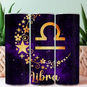 Libra Tumbler – Purple Galaxy & Gold Zodiac Skinny Tumbler, 20oz Stainless Steel Astrology Cup, Libra Birthday Gift