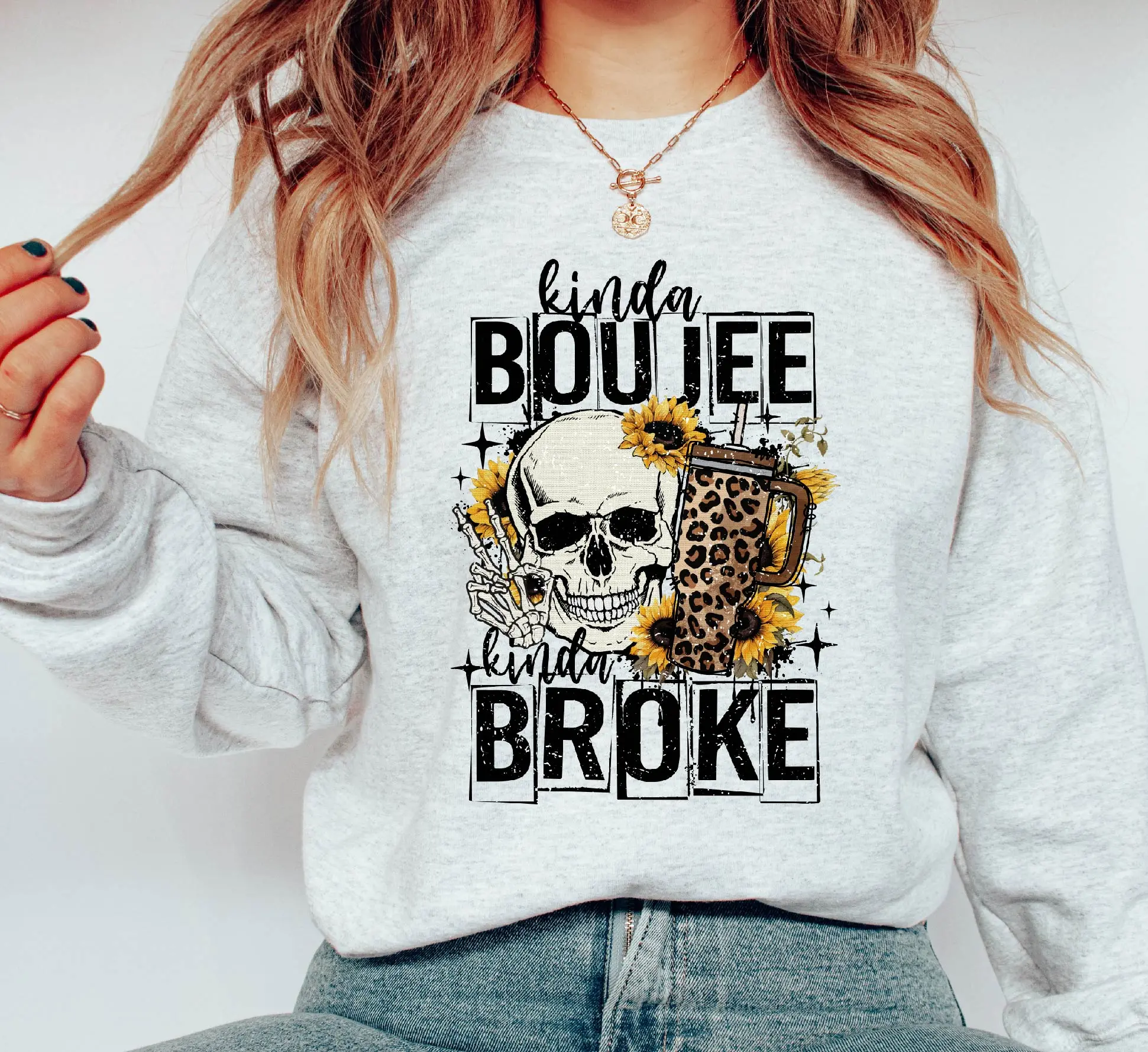 Kinda Boujee Kinda Broke Shirt Funny Skull Sunflower Graphic Tee Boujee Leopard Coffee Cup Sweatshirt Fall Trendy Gift for Her Birthday Fitted Hem Loose Natural Polyester Ribbed Sleeve Soft
