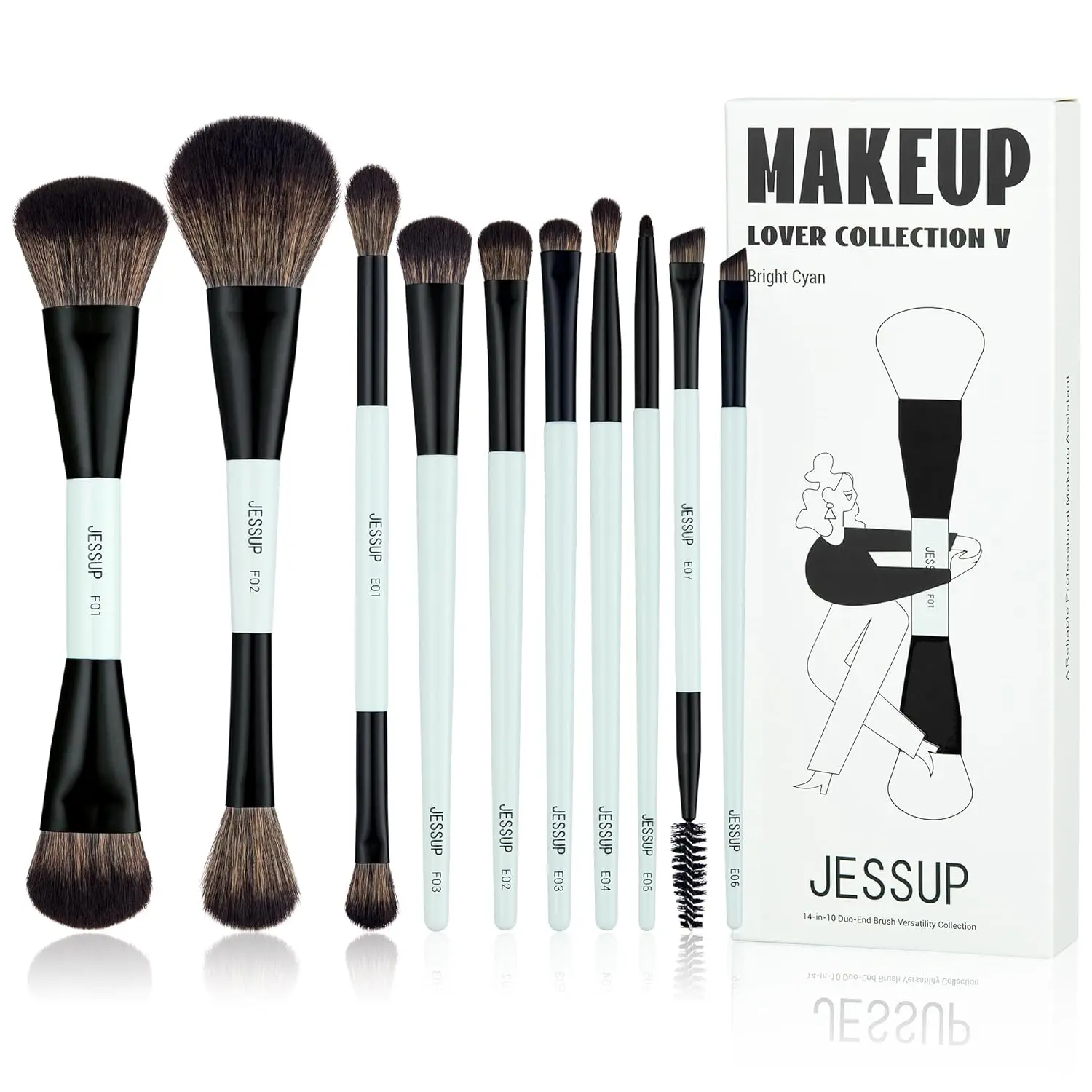 Jessup 10pcs Double-Sided Multifunctional Makeup Brushes Set - Bright Cyan T500, Eyeshadow Brushes Included, for Foundation, Contour, Blush, Highlight, Blending, Eyebrow, Concealer, Cruelty-Free for Makeup Artists & Beginners, Dual Sided Brush Sets & Kits
