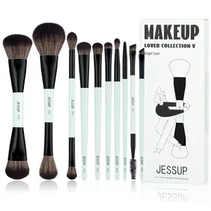 Jessup Makeup Brushes Set 10pcs Double Sided Foundation Contour Blush Highlight Blending Eyebrow Eyeshadow Concealer Cruelty Free Brushes for Makeup Artists & Beginners, Bright Cyan T500