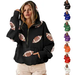 Womens Game Day Sweatshirts Football Sequin Hoodies Tailgate Outfits Long Sleeve Zipper Sweaters with Pocket Womenswear Adjustable