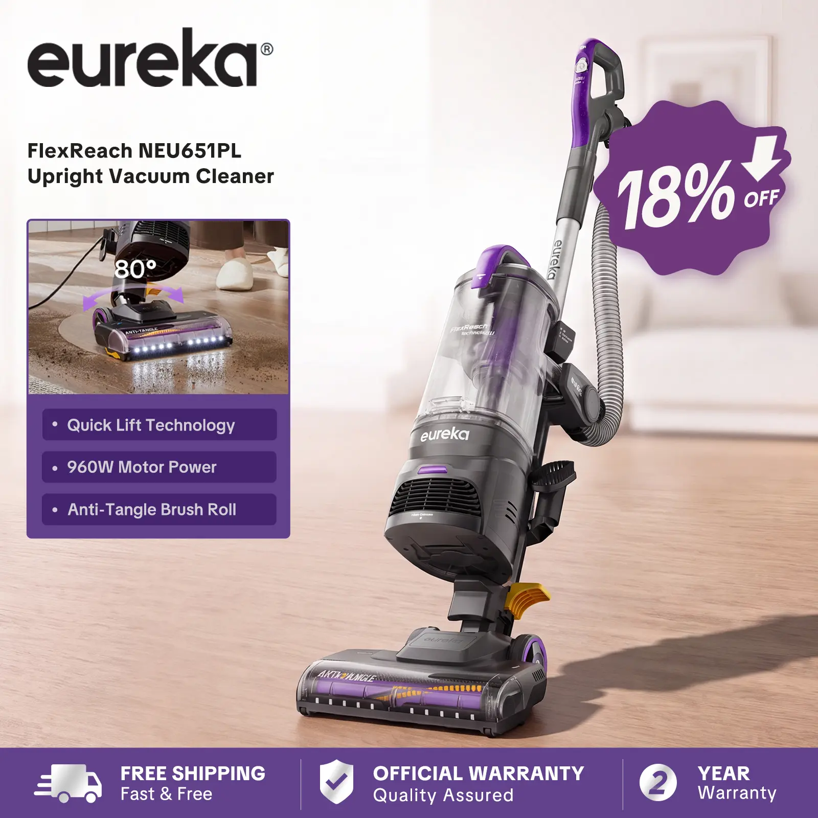 Eureka FlexReach NEU651PL Upright Vacuum Cleaner with Lift-Up Pod & Anti-Tangle Brushroll for Carpet & Hard Floors, Purple, 960W Motor, Deep Cleaning, Jumpstart Sale, Powerful Suction, Flexible Design