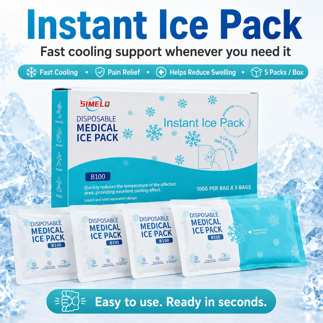 SIMELO Family Emergency Cold Compress (6-Pack) - Squeeze-to-Activate Ice Pack Therapy for Instant Pain Relief, Swelling, Sports Injuries - Portable First Aid Kit Essential, Ice Compress