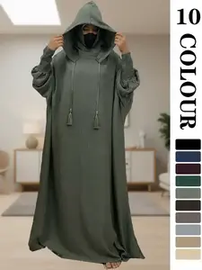 Women's Solid Color Batwing Sleeve Drawstring Hooded Dress, Casual Long Sleeve Shirred Cuff Long Dress for Spring & Fall, Women's Islamic Clothing for Daily Wear, Hooded Arabian Dress