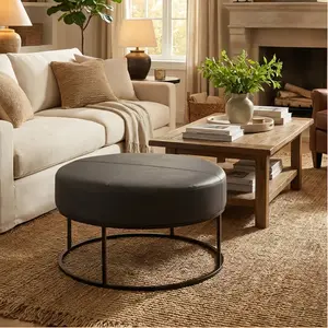 BaliaaFurniture BALLIAA Modern Round Coffee Table, Farmhouse Ottoman Coffee Tables for Living Room, Large Vintage Leather Coffee Tables with Leather Upholstered Padded Seat [Round, Yellow, 30'']