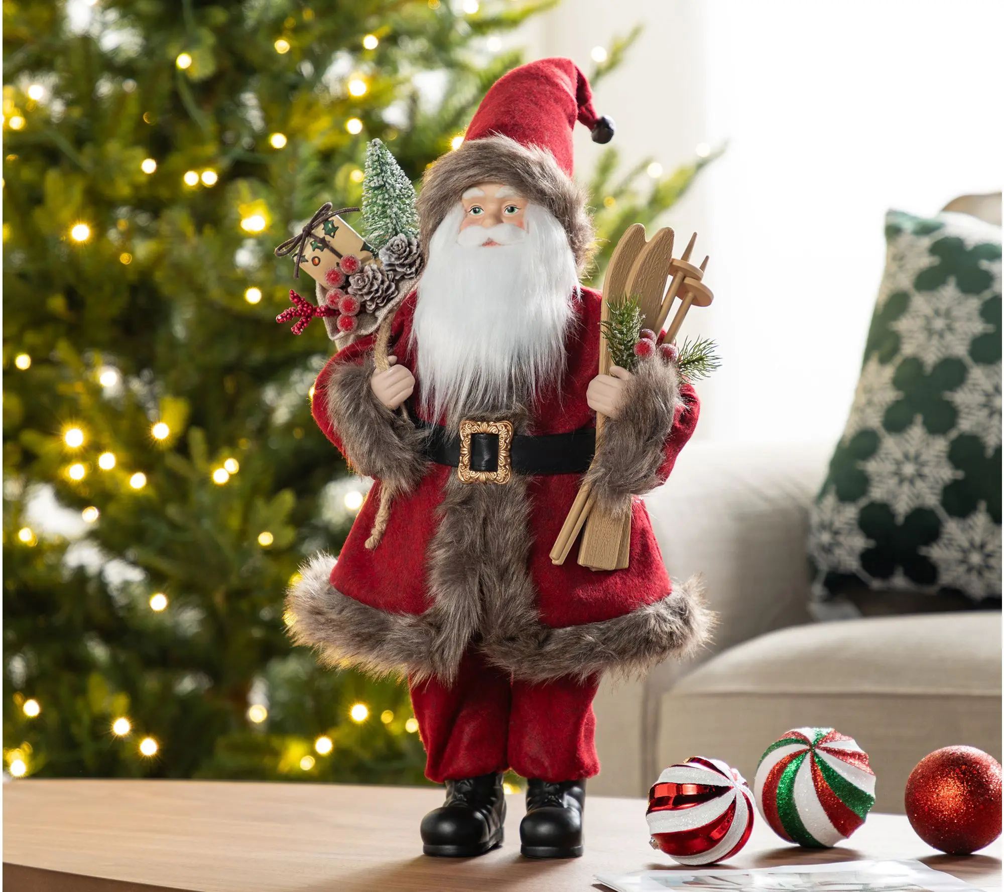 Glitzhome 18"H Faux Fur Christmas Classic SantaFigurine