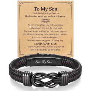 Infinity Leather Bracelet for Men Him Boys, Engraved Love You Son Grandson Nephew Brother Dad Husband Uncle Christmas Valentines Fathers Birthday Easter Graduation Gifts