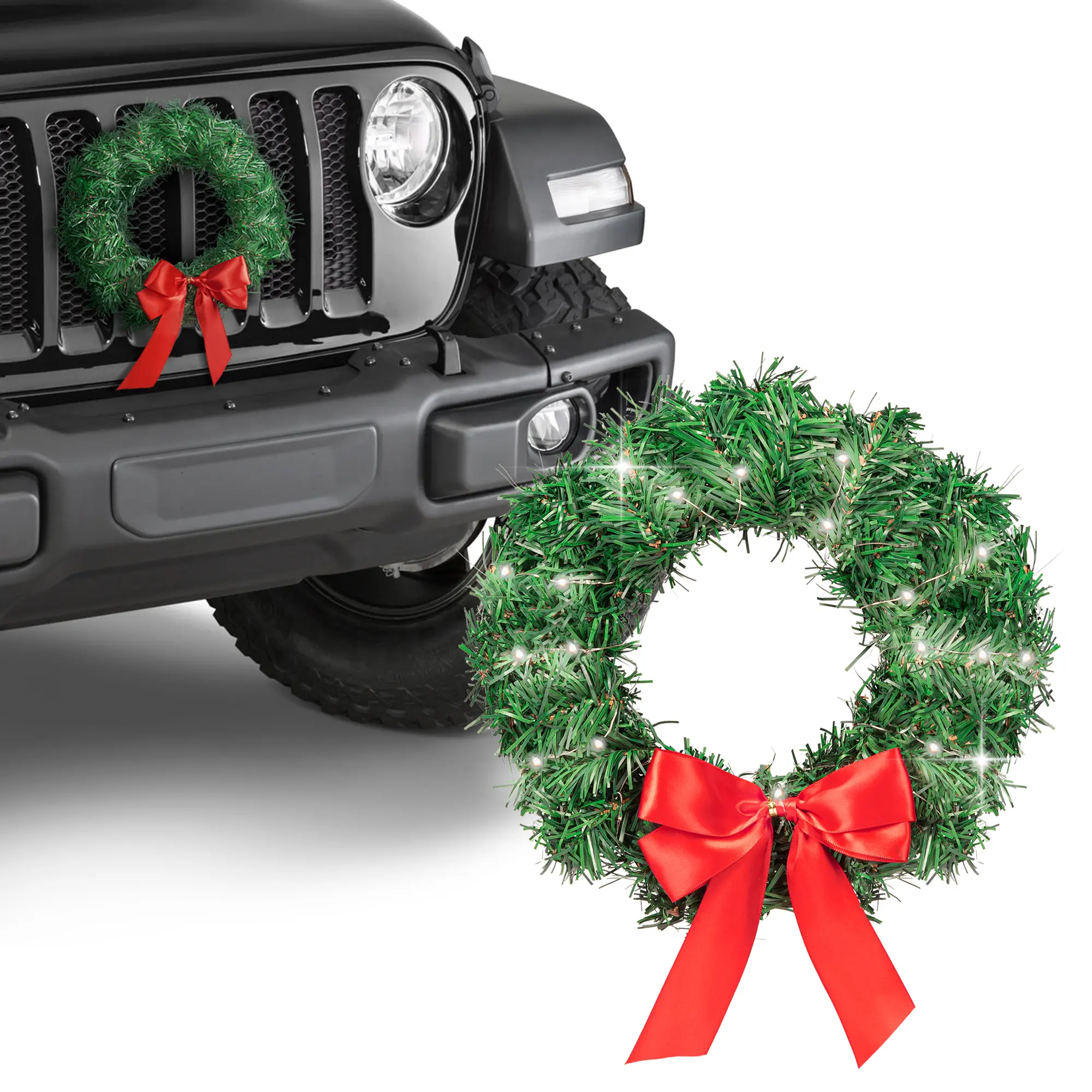 Carbella 11" x 11" LED Light-Up Holiday Wreath Car Accessory - Snap-On, Waterproof Artificial Pine Ornament with Red Bow, Battery Holder, Easy-Install Mounting Hardware (for Truck, SUV, Van)