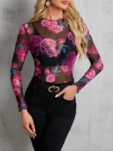Women's Rose Floral Print Sheer Mesh Top, Sexy High Neck Long Sleeve Bodysuit, Slim Fit Elastic Bodycon Shirt for Party Night Out