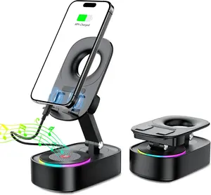 Wireless Induction Speaker,Cell Phone Stand with Wireless Bluetooth Speaker,5 in1 iPhone Holder with Colorful Light,Emergency Rechargeable Stand for Tablet iPhone Android Phone, Gifts for Men Women Adjustable Smartphone
