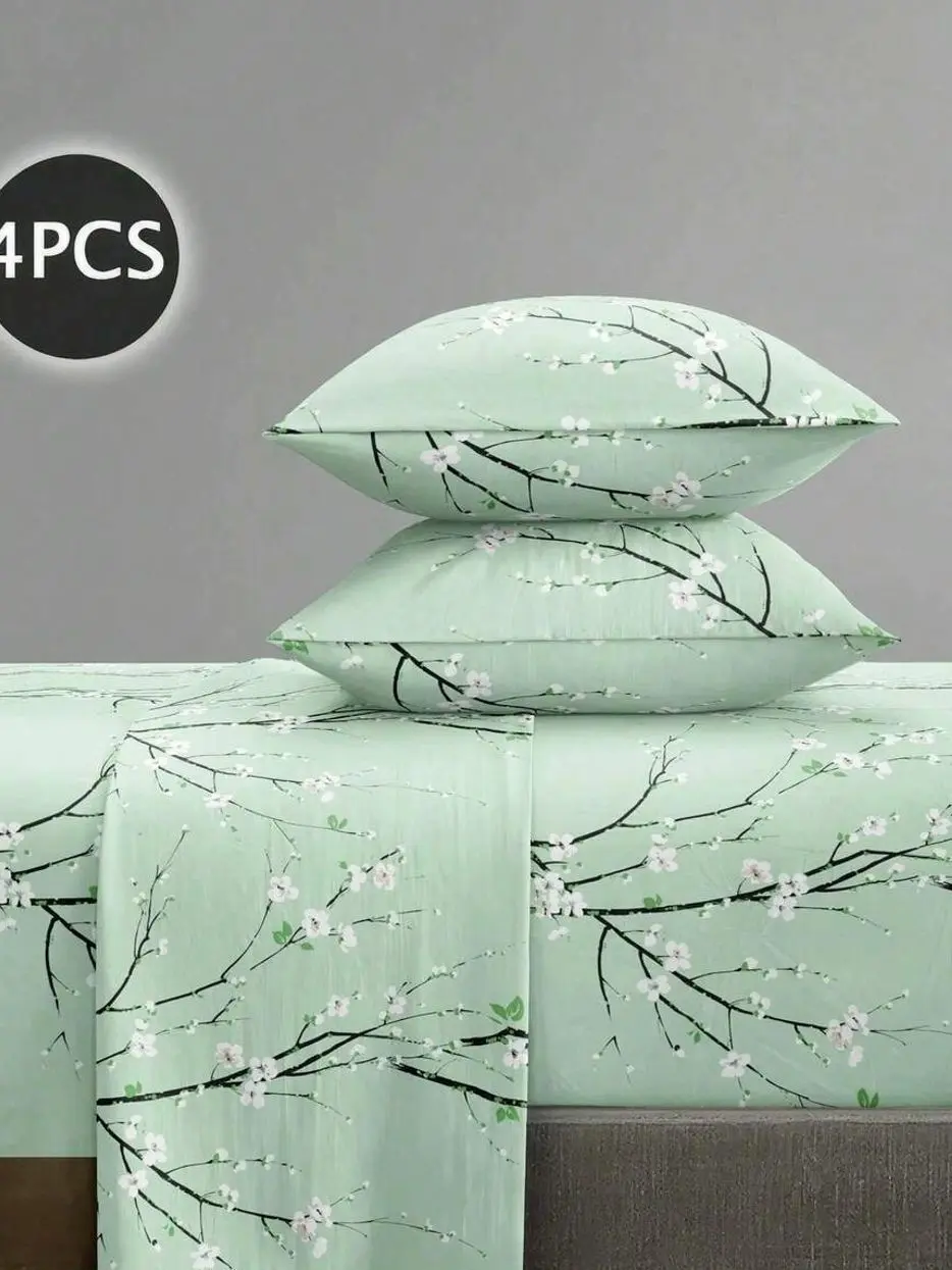 4PCS Green Plum Blossom Sheet Set, Floral Bedding Set, Soft Fitted & Flat Sheet with 2 Pillowcases, Breathable Bedroom Decor