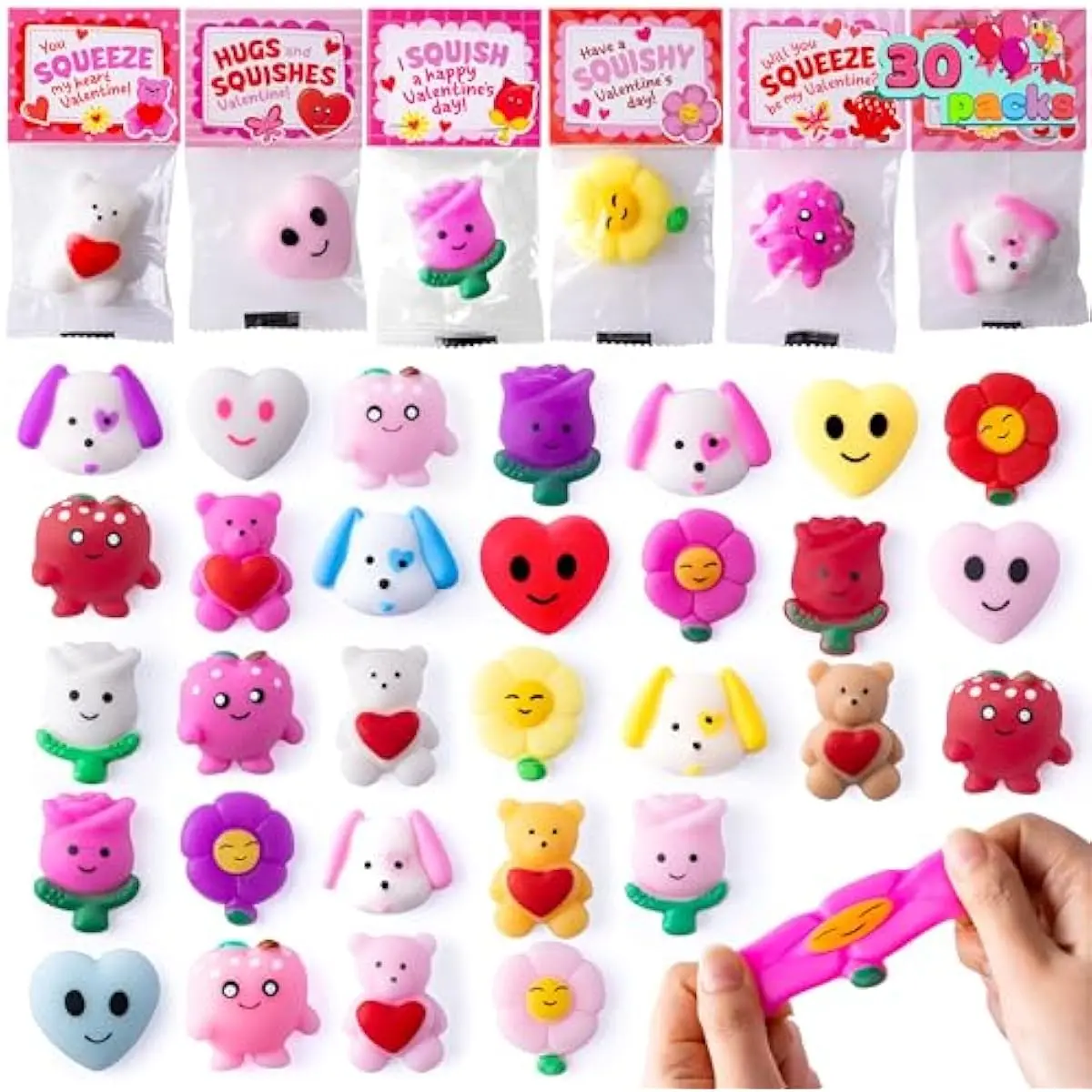 30 Packs Valentines Day Gift Cards with Mochi Squishy Toys, Kawaii Squeeze Toys with 6 Designs Hangers, Stress Relief Fidget Toy for Kids Valentine's Party Favors, School Classroom Exchange