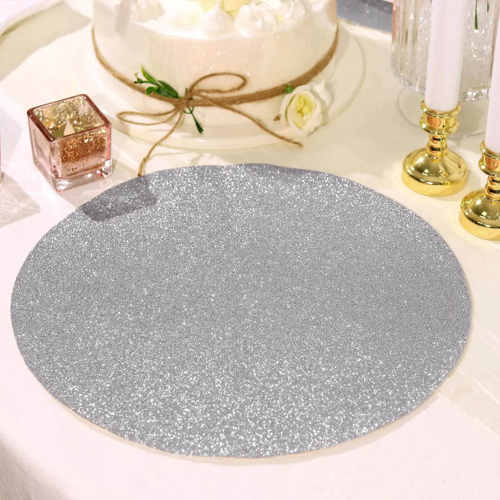 6-Pack Silver Glitter Sparkly Round Placemats (13in), Indoor Tableware - Non-Slip Scratch-Guard Protective Mats for Coffee Table, Ideal Gift for Special Occasions