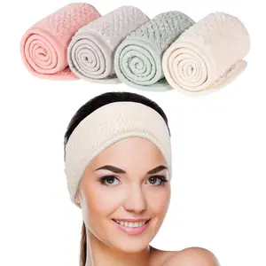 Spa Facial Headbands for Women - 4 Pack Adjustable Makeup Hair Wraps Soft Towel Head Bands for Face Washing Skincare Shower Sports & Yoga Pea Green Pink Beige Light Gray