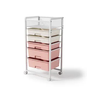 White 5-Tier Rolling Utility Cart with Diamond-Grid Top Drawer, Metal Storage Organizer Racks with Rotatable Wheels for Kitchen, Classroom - Rolling Cart Organization Solution