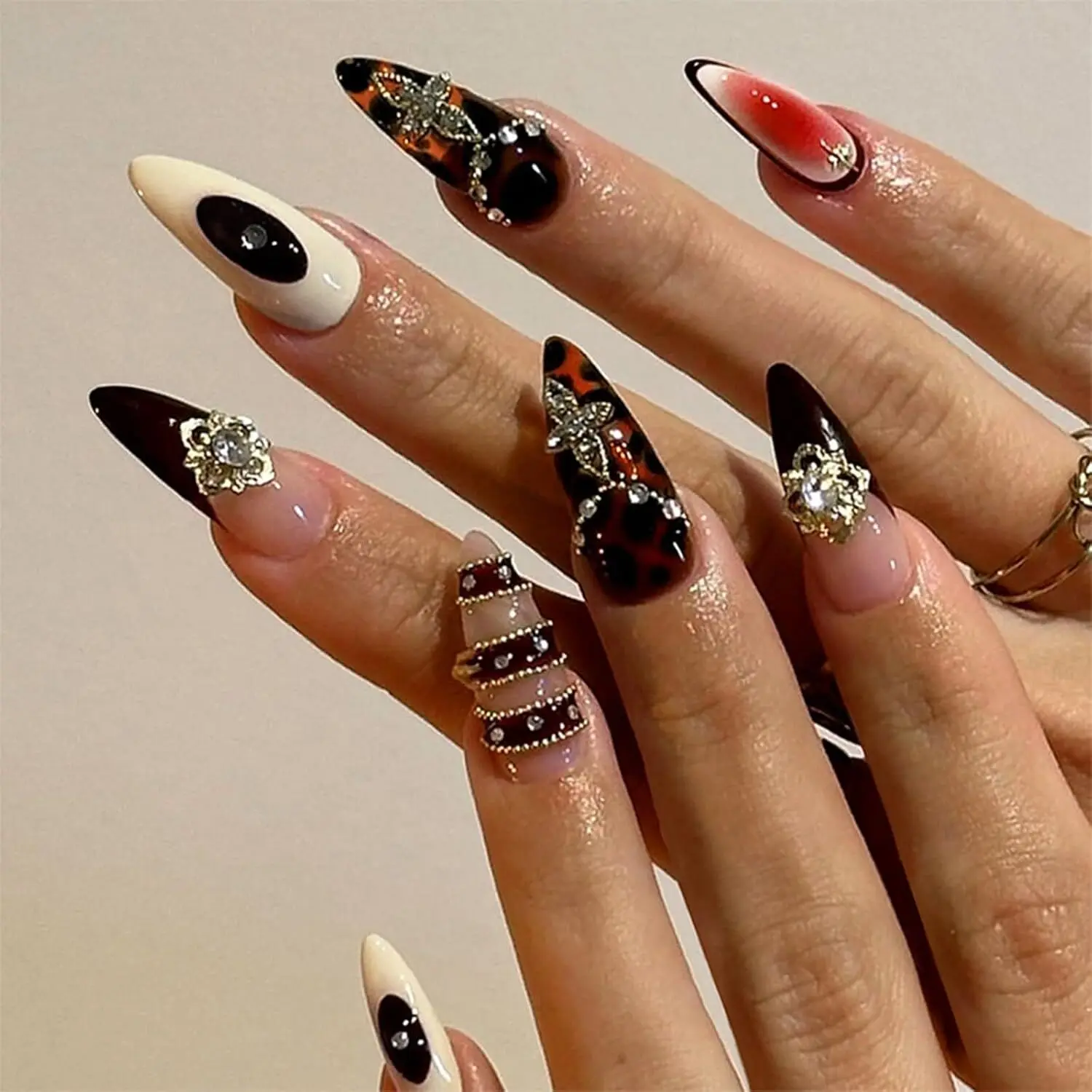 Brown Press on Nails Medium Almond Fake Nails with 3D Leather Belt Designs Glossy Acrylic Luxury False Nails Gel Glue on Nails for Manicure Stick on Nails for Women Girls 24Pcs