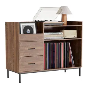 Bellemave Turntable Record Player Stand - Adjustable Shelves, 350+ Vinyl Capacity, Media Console with Speaker Shelf, 2 Drawers, 27.6in TV Stand for Living Room, Bedroom (Some Assembly Required)