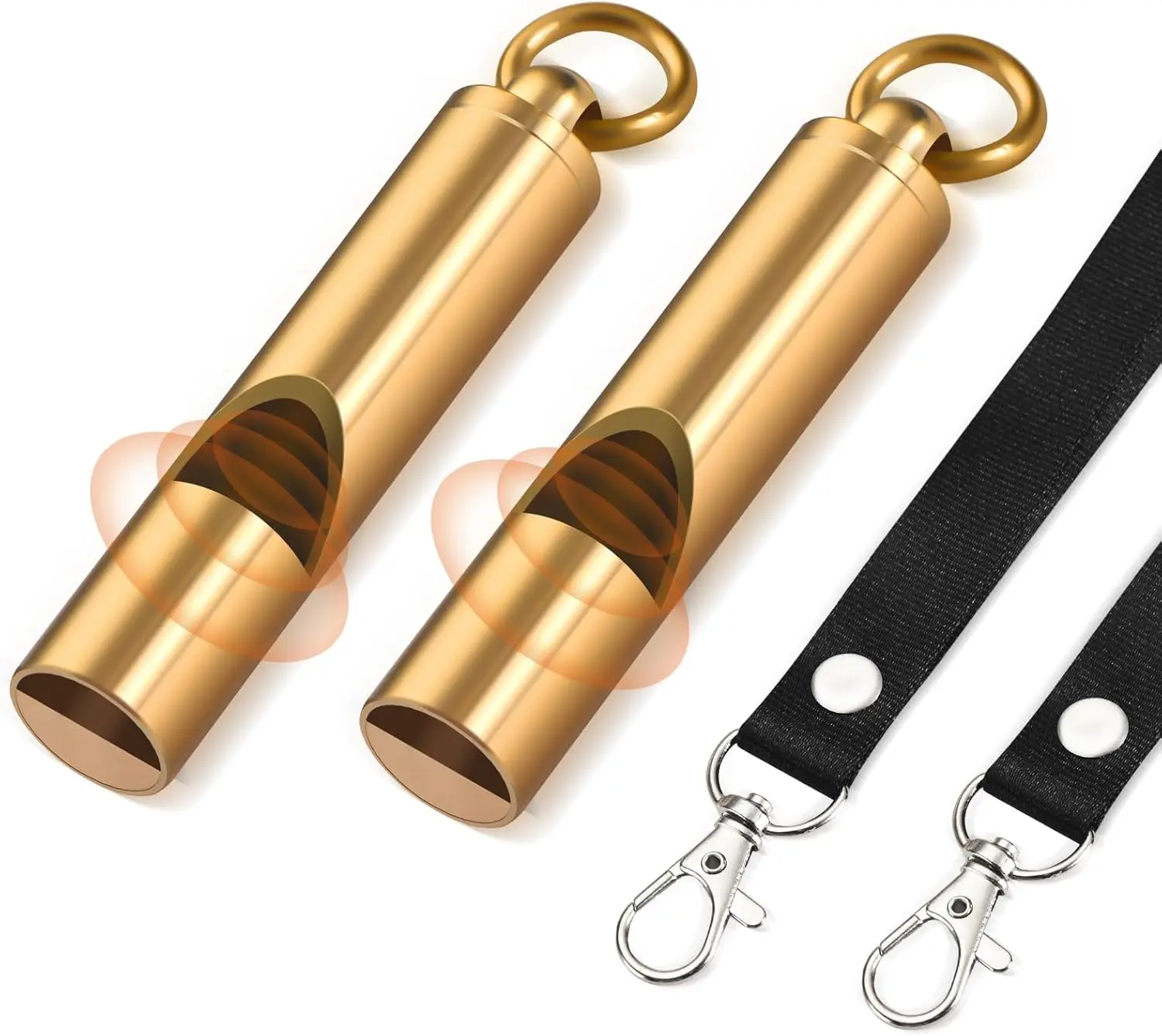 Brass Emergency Whistles 2 Pack with Tangle-Free Lanyard - Pealess Safety Whistle Survival Loud Blast for Kayak Life Vest, Boating, Camping Hiking, Hunting, Adults