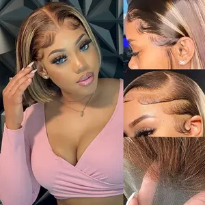 Nerkre Bob Wig Human Hair Highlight Ombre 13x4 Lace Front Wigs 4/27 Honey Blonde Glueless Wigs Human Hair