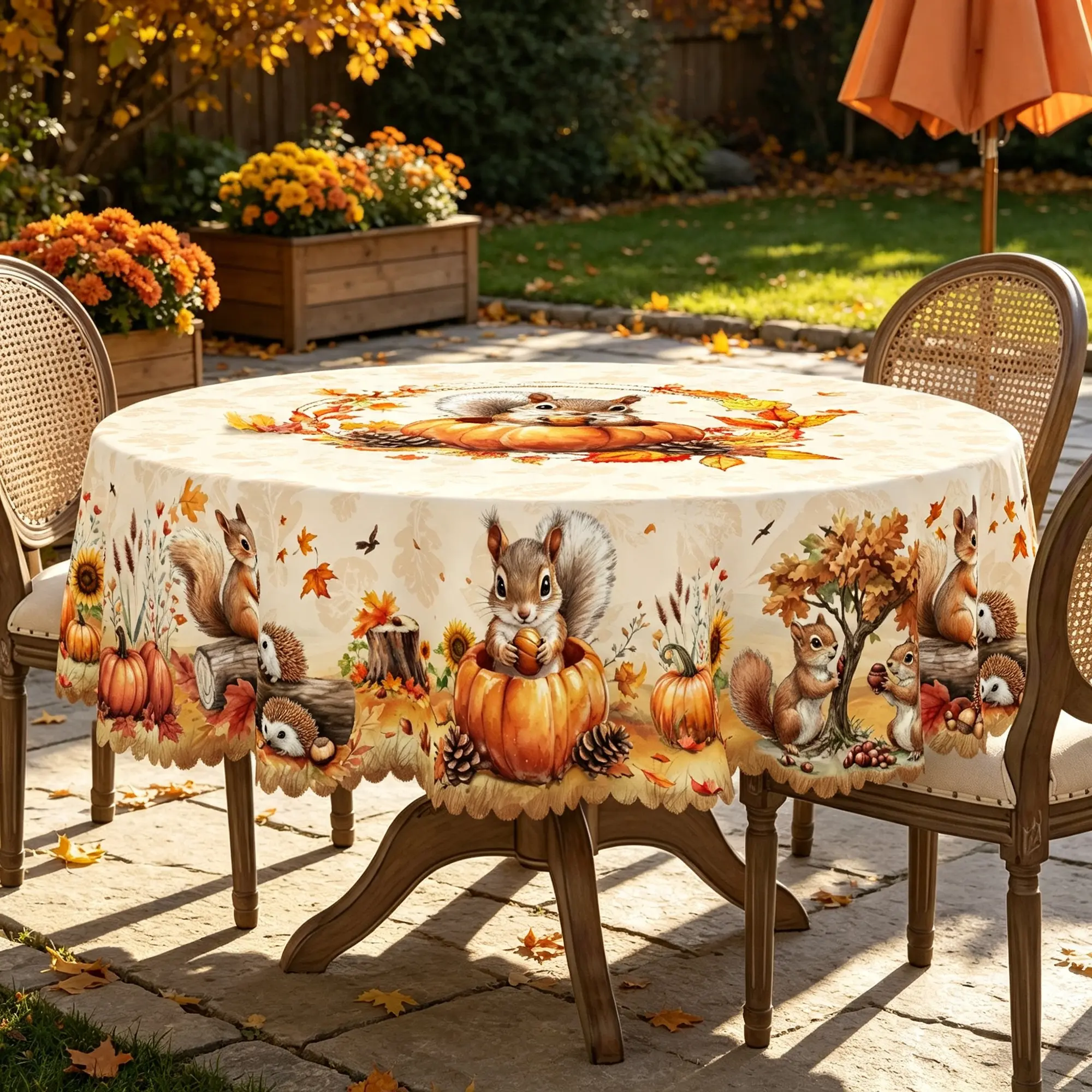 BOOPBEEP Retro Rural Farmhouse Multi-Sizes Tablecloth, Pumpkin Motif-Squirrel-Maple Leaves Design, Self-Adhesive Autumn Thanksgiving Fall Decor, Rectangular&Round Kitchen Linens, Ideal Indoor/Outdoor Gift for Camping Picnicking